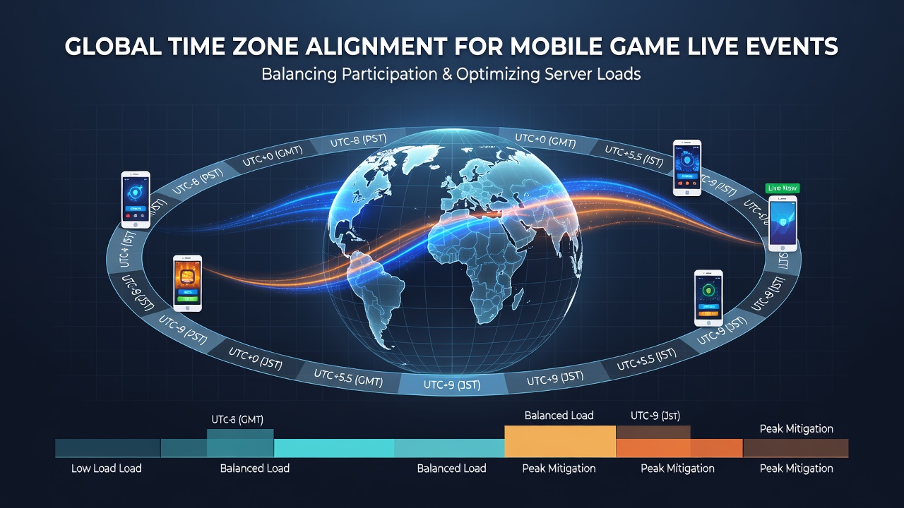 World map displaying time zone boundaries alongside scheduled mobile game live events for regional balance