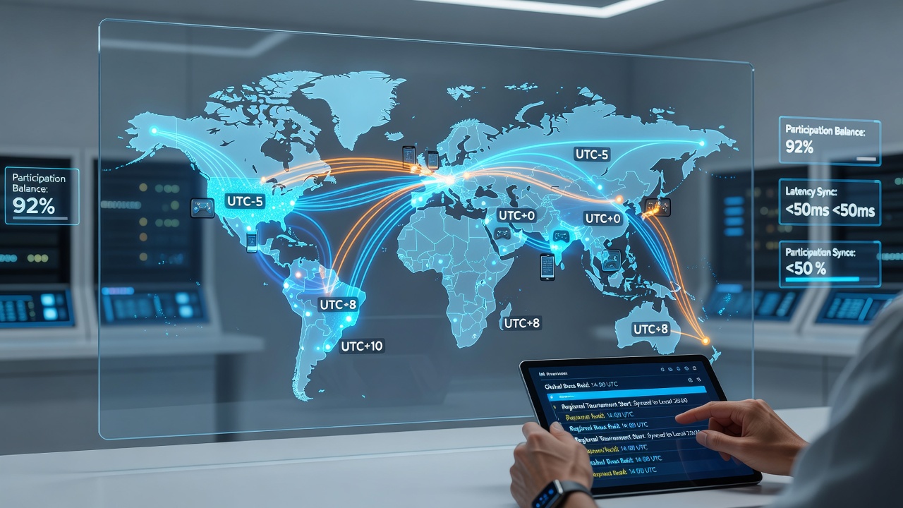 Server cluster diagram showing load distribution across time zones during a live mobile game event