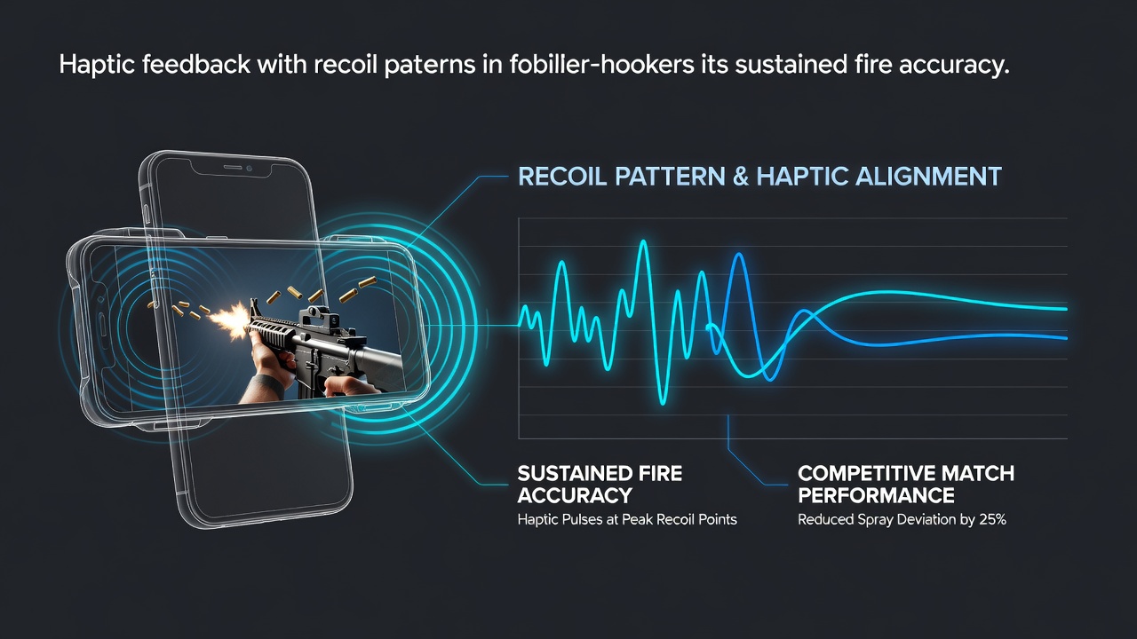 Mobile first-person shooter interface showing recoil pattern visualization overlaid on a weapon model with haptic feedback indicators