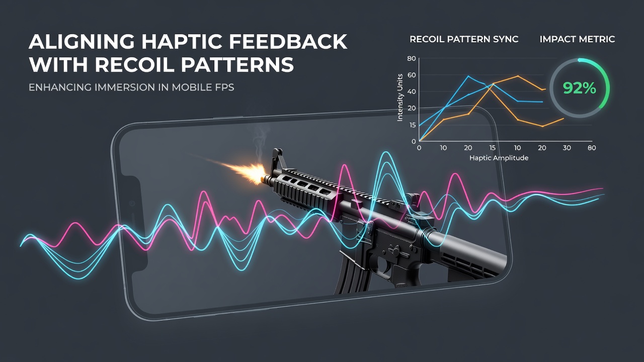 Close-up of smartphone screen during sustained fire with overlaid haptic timeline and recoil compensation markers