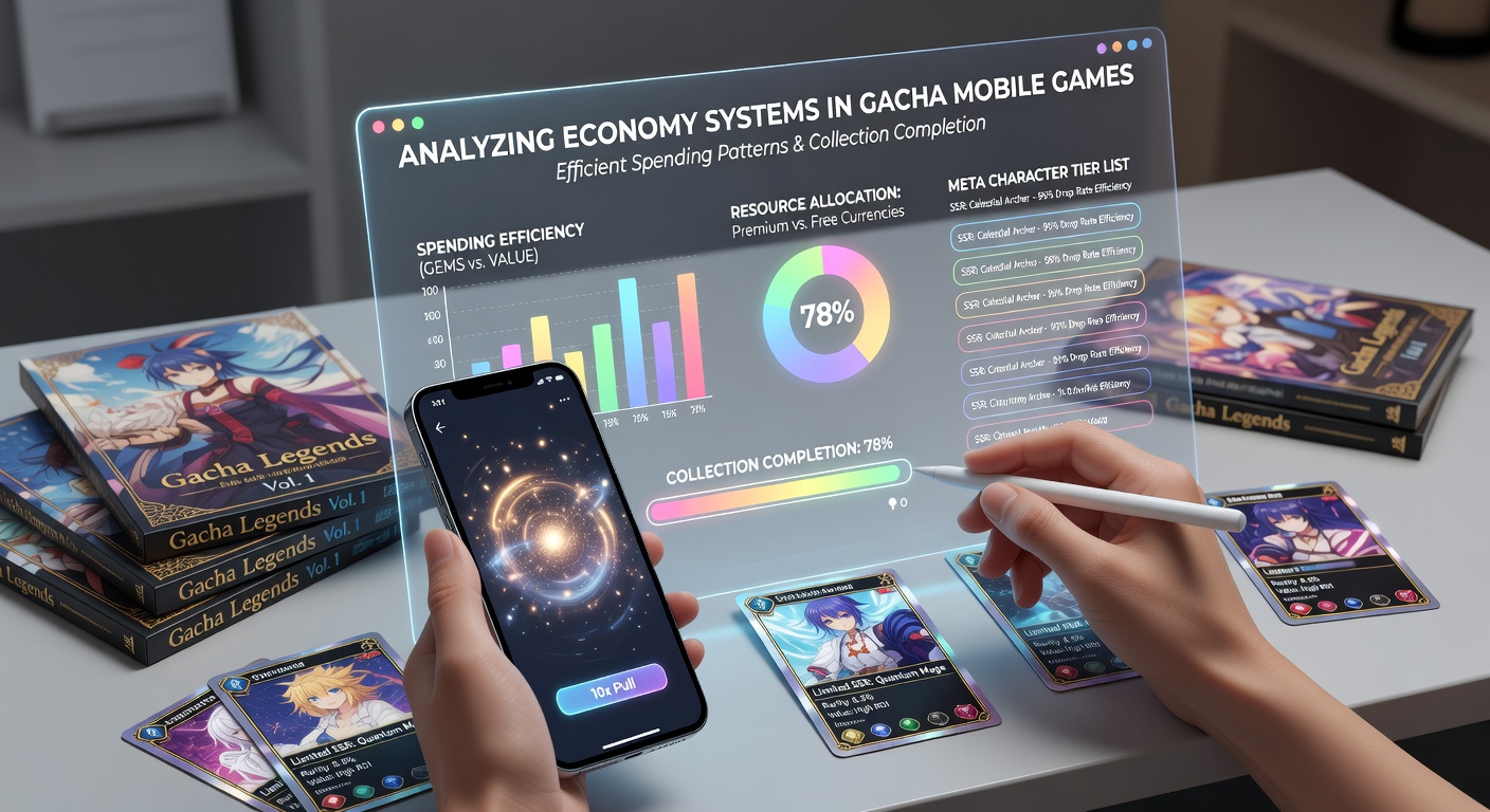 Illustration of gacha economy systems showing currency flows, pity timers, and collection progress trackers in mobile games