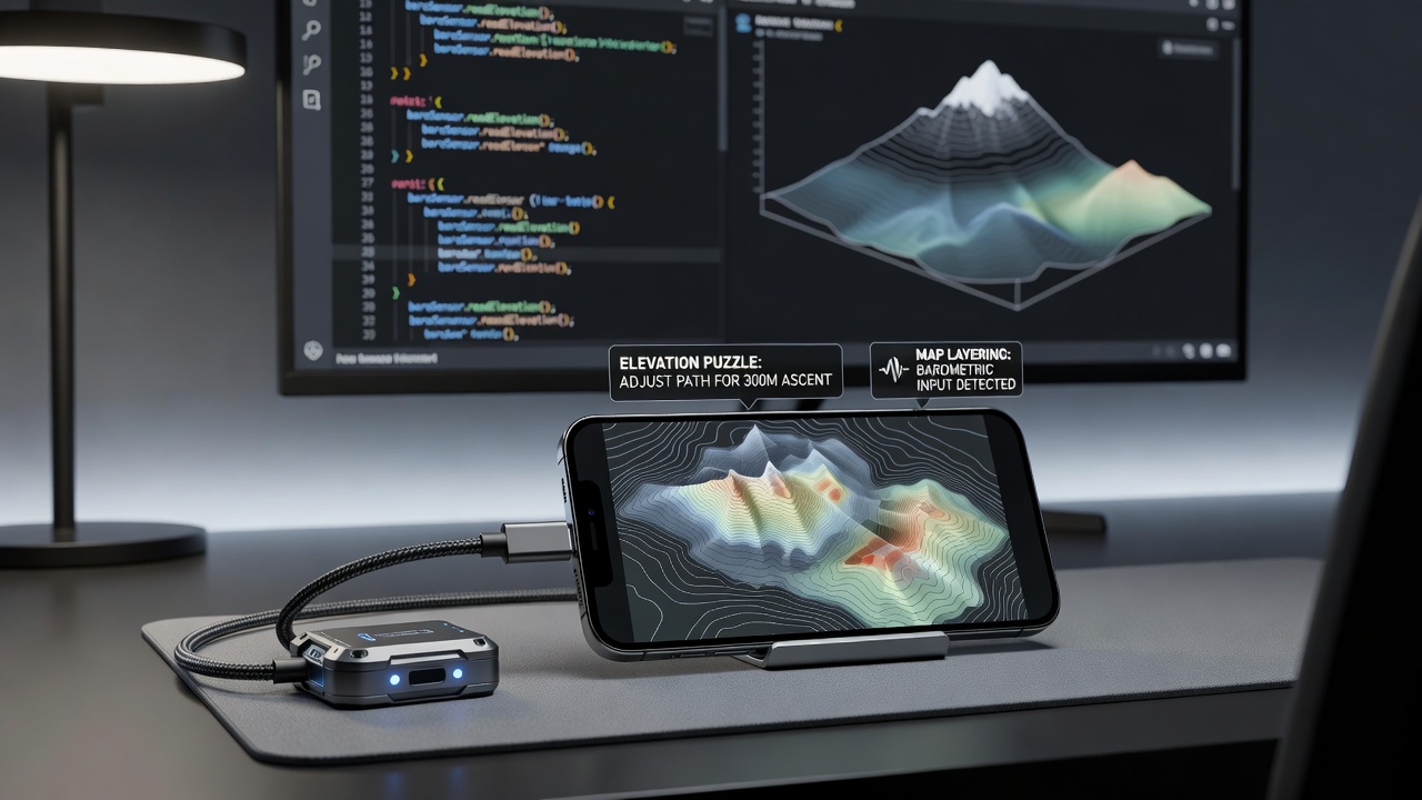 Smartphone barometric sensor detecting altitude changes during an elevation puzzle in a mobile adventure game