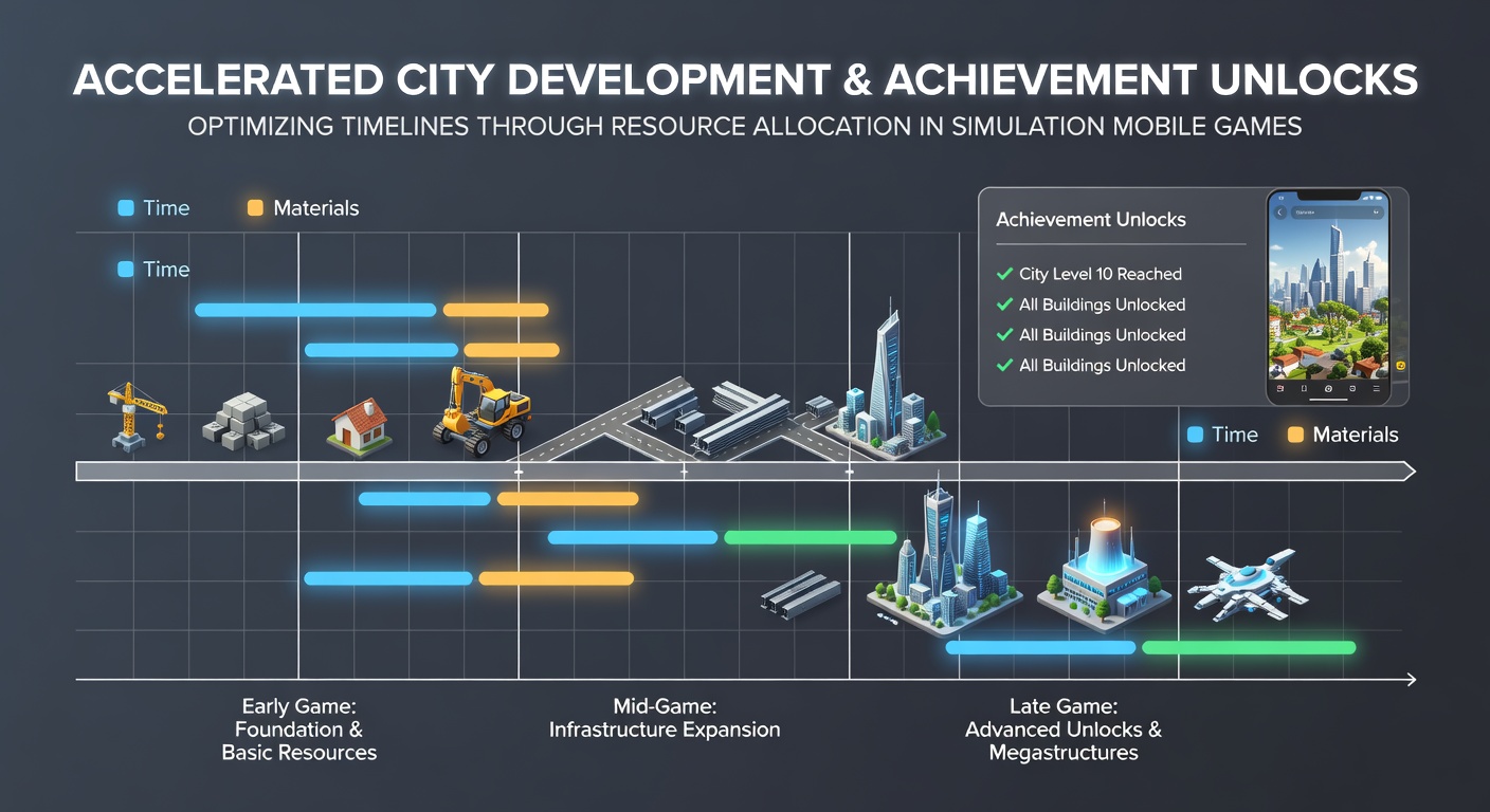 Timeline chart showing resource allocation phases in a mobile city simulation game with building upgrades and production queues