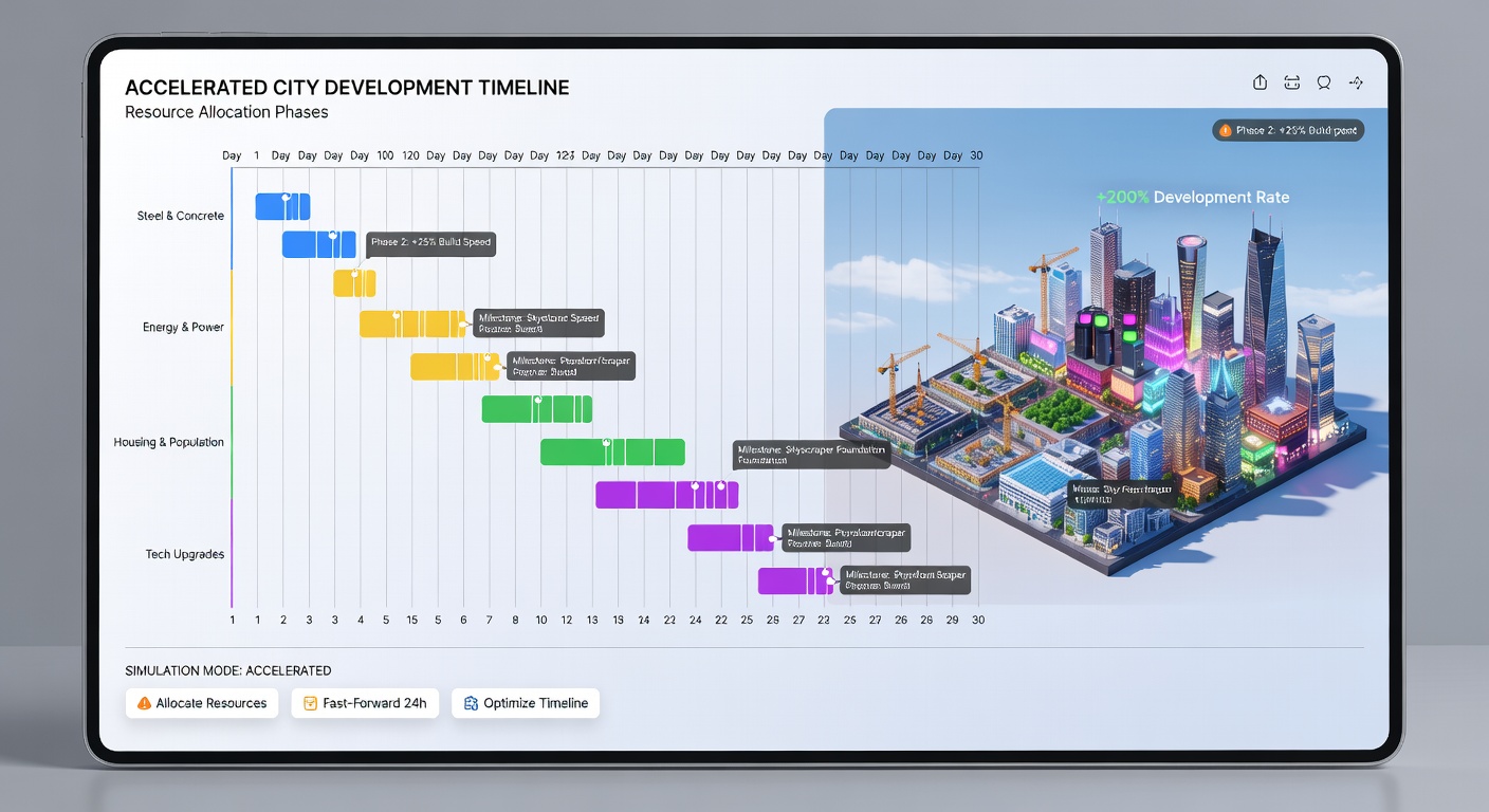 Mobile game interface displaying achievement progress alongside resource stockpiles and scheduled build timers
