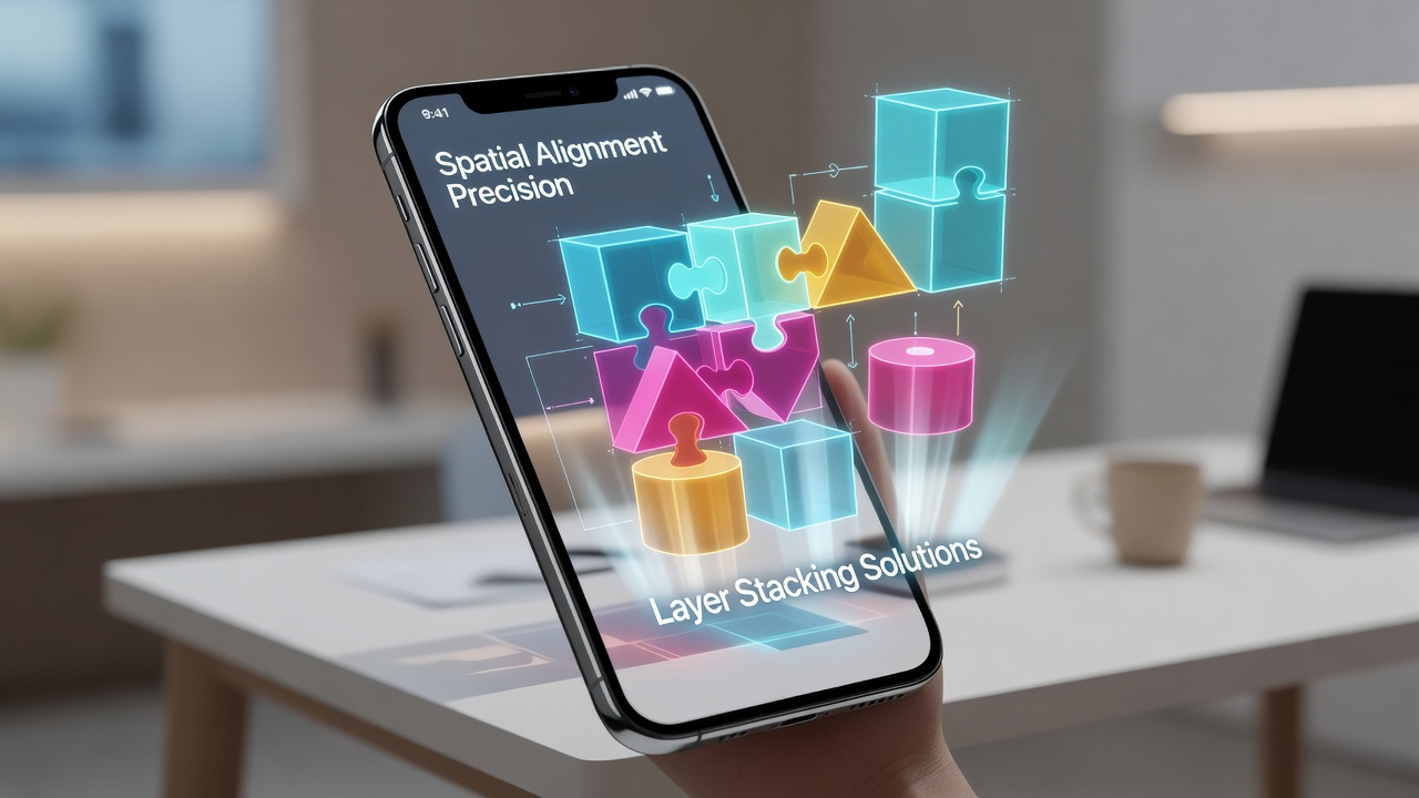 Augmented reality mobile interface showing device orientation sensors aligning puzzle layers in real time