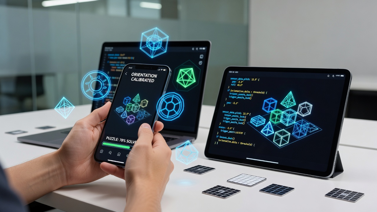 Close-up view of AR puzzle layers stacking with sensor-guided precision in a mobile application