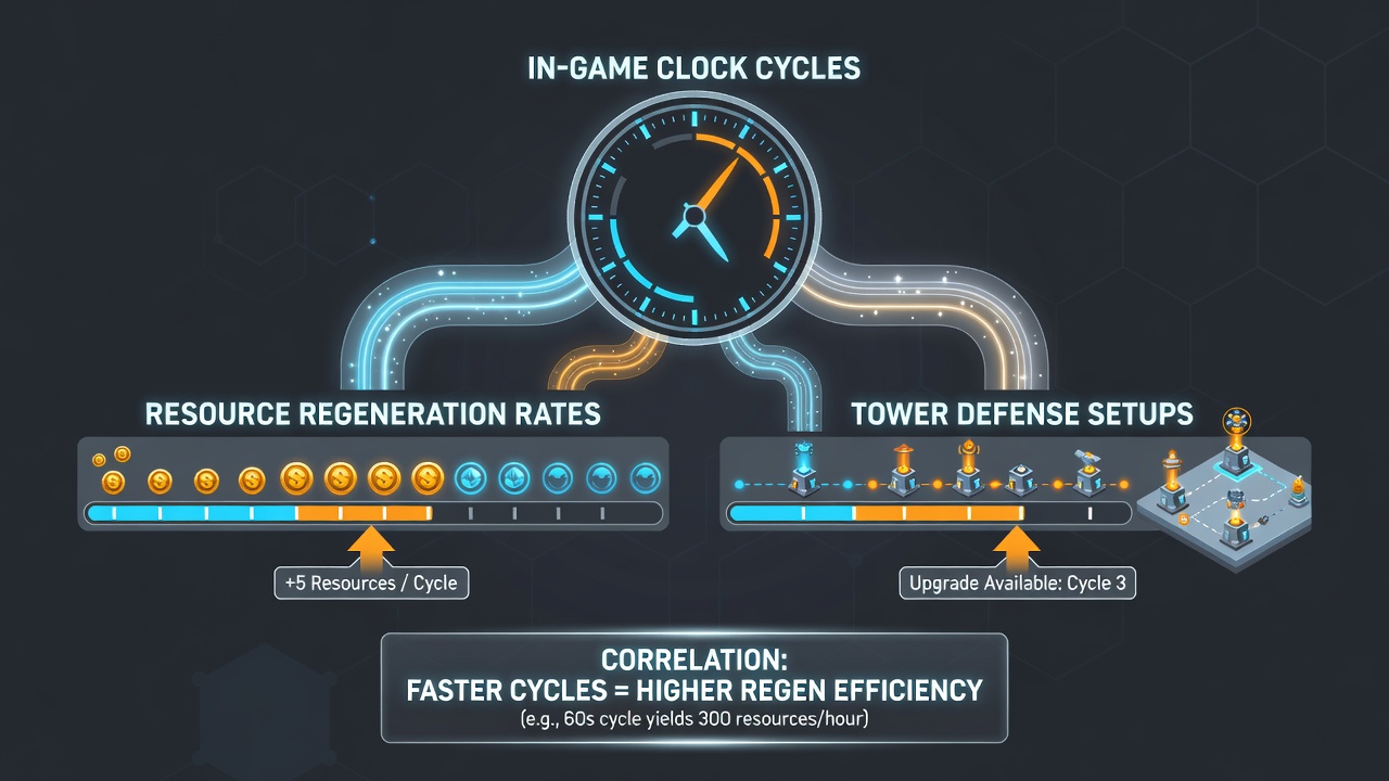 Detailed view of tower defense resource meters and cycle timers used for fortification planning