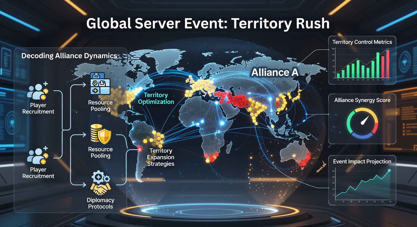 Strategic mobile game interface showing alliance members coordinating territory defenses on a world map during a server-wide event