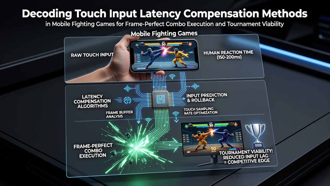 Mobile fighting game interface showing touch controls and latency indicators during a combo sequence