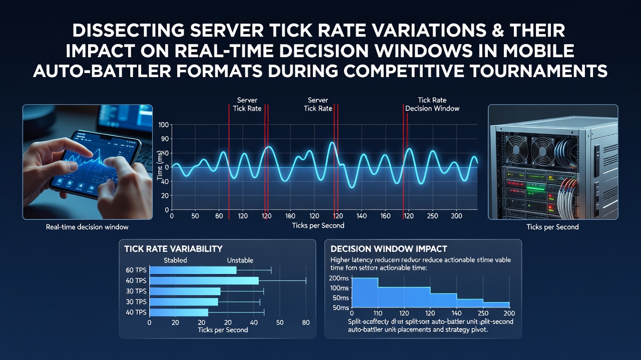 Server infrastructure diagram showing tick rate synchronization across mobile devices in an auto-battler tournament setting