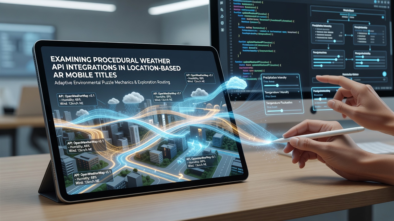AR mobile game interface showing real-time weather data overlay on a city map with puzzle elements adapting to rain conditions