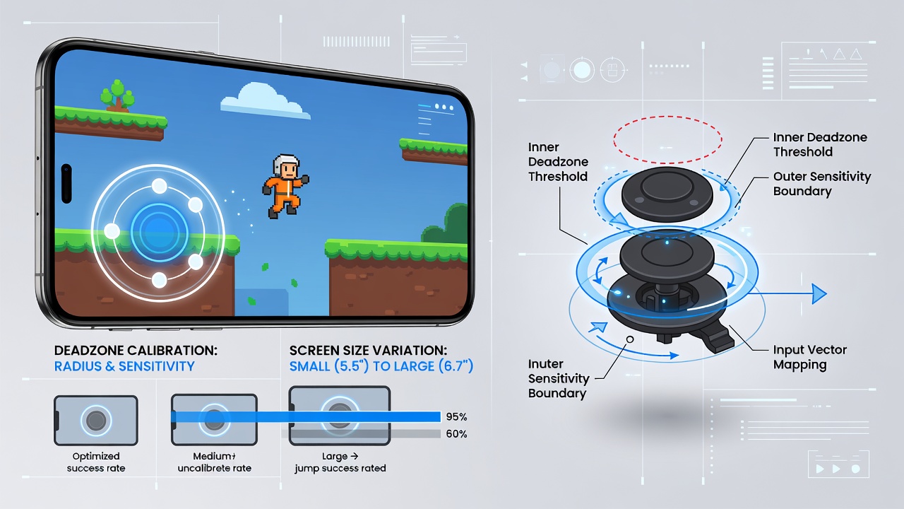Diagram showing on-screen joystick deadzone calibration zones across different mobile device screen sizes