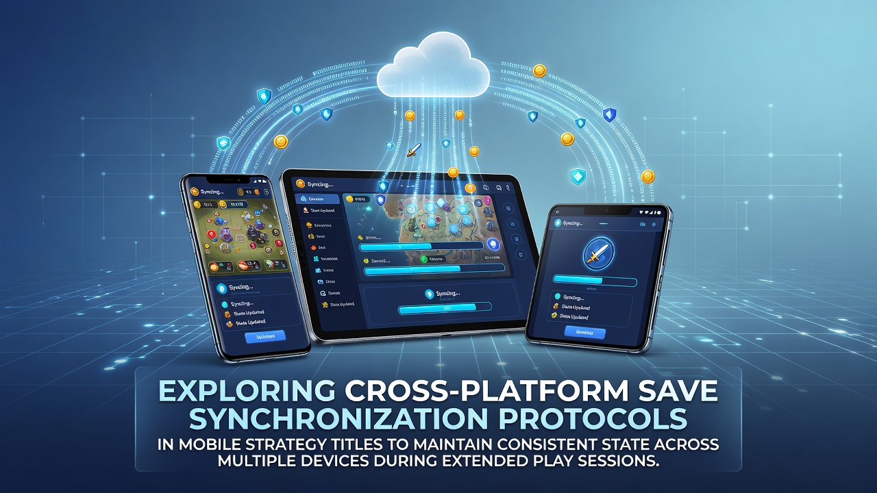 Mobile strategy game interface showing synchronized progress across smartphone and tablet devices