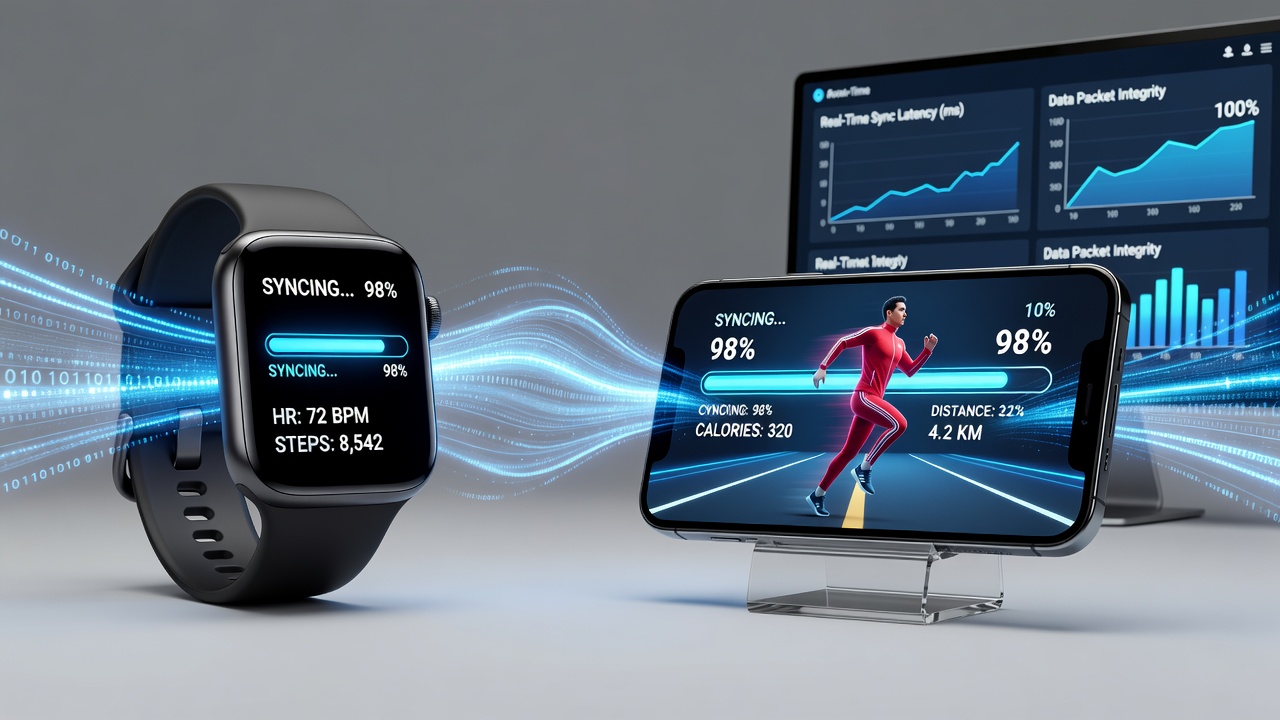 Wearable fitness tracker syncing data to a mobile simulation game interface showing real-time progress metrics
