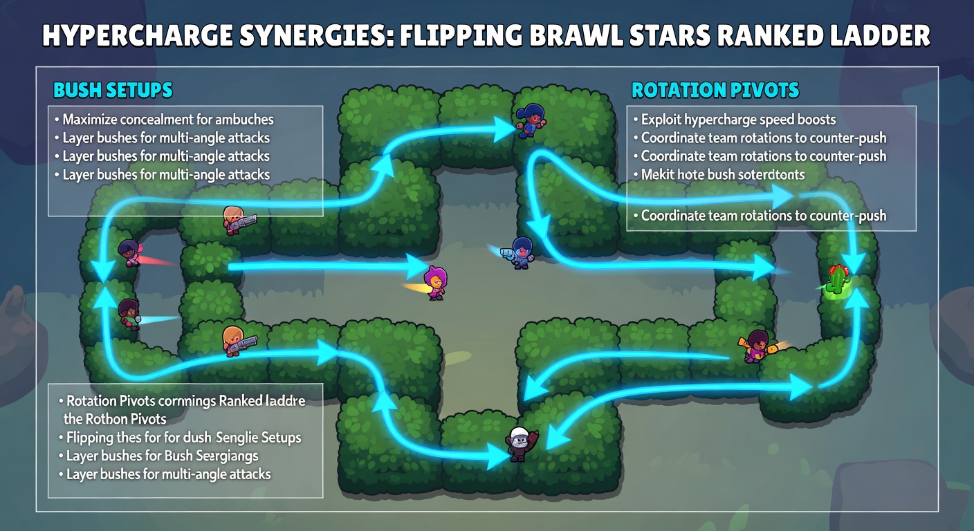 Close-up of a hypercharge activation in bushes during a high-stakes Brawl Stars ranked match, highlighting rotation pivot