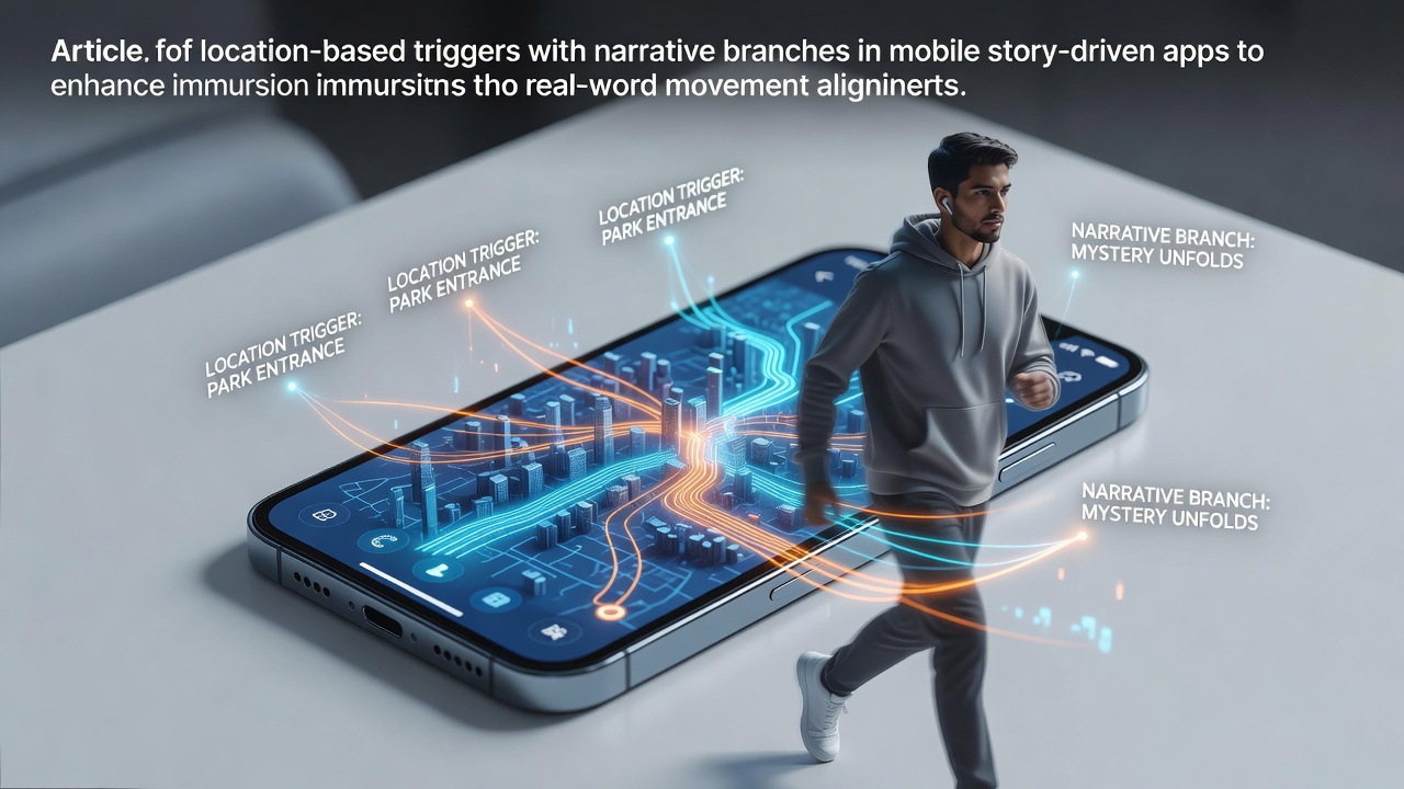 Mobile device screen displaying a story app interface with overlaid map showing location triggers and branching narrative paths aligned to real-world streets