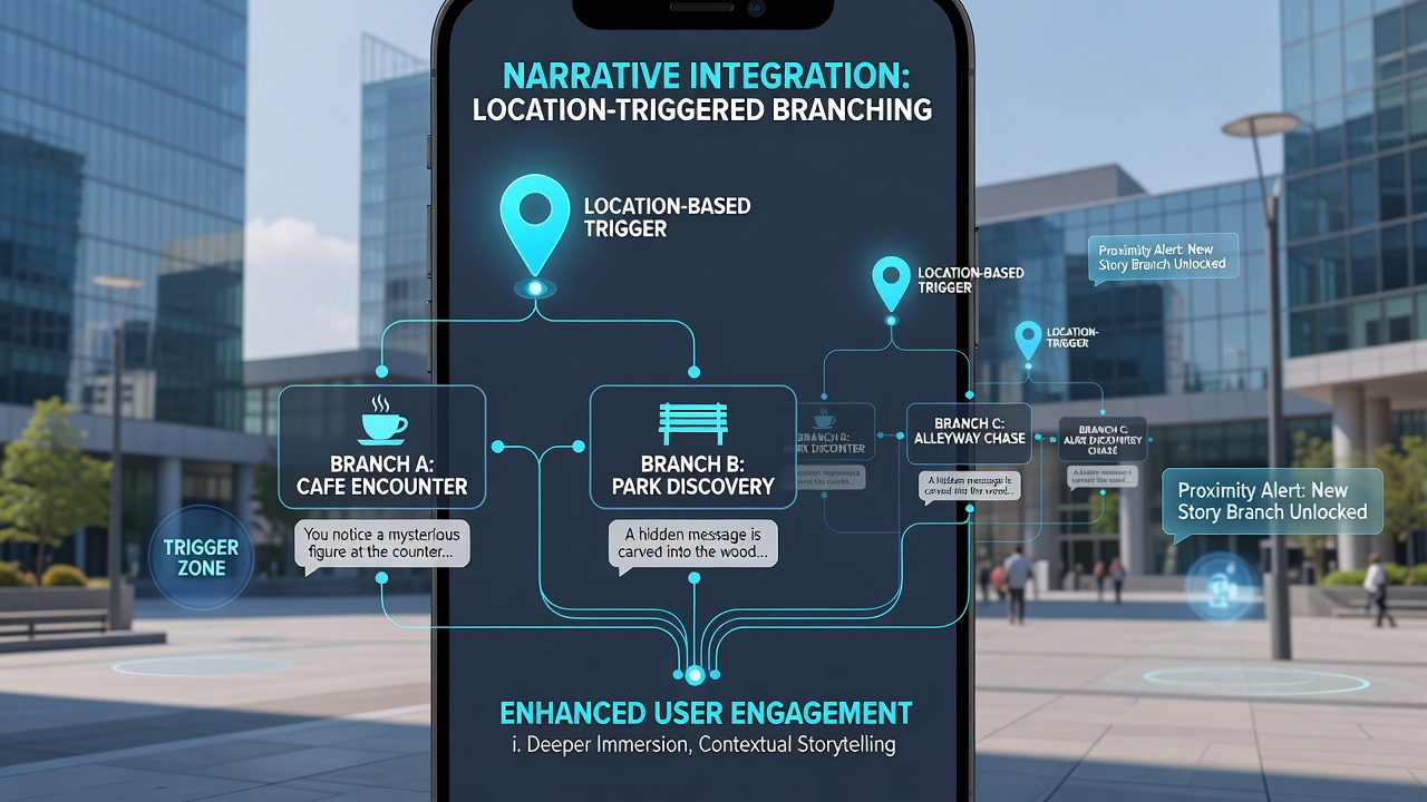 User walking through city streets while app interface highlights narrative branches triggered by nearby landmarks and movement direction