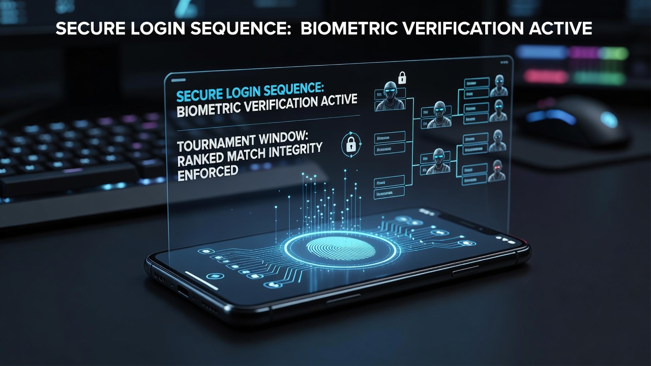 Mobile battle royale player using fingerprint authentication on a smartphone during a ranked tournament session