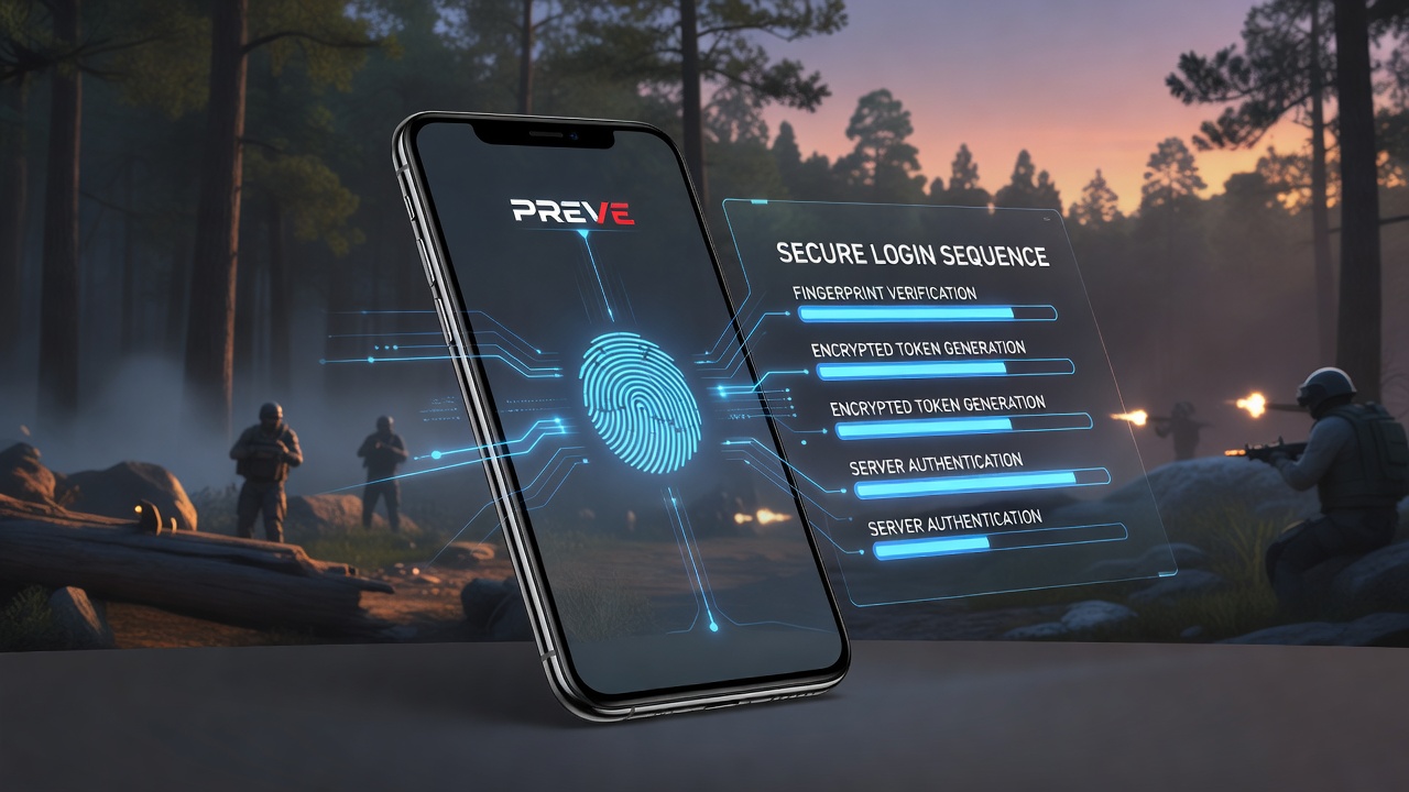 Close-up of a smartphone fingerprint sensor being used to authenticate a battle royale game login on an Android device