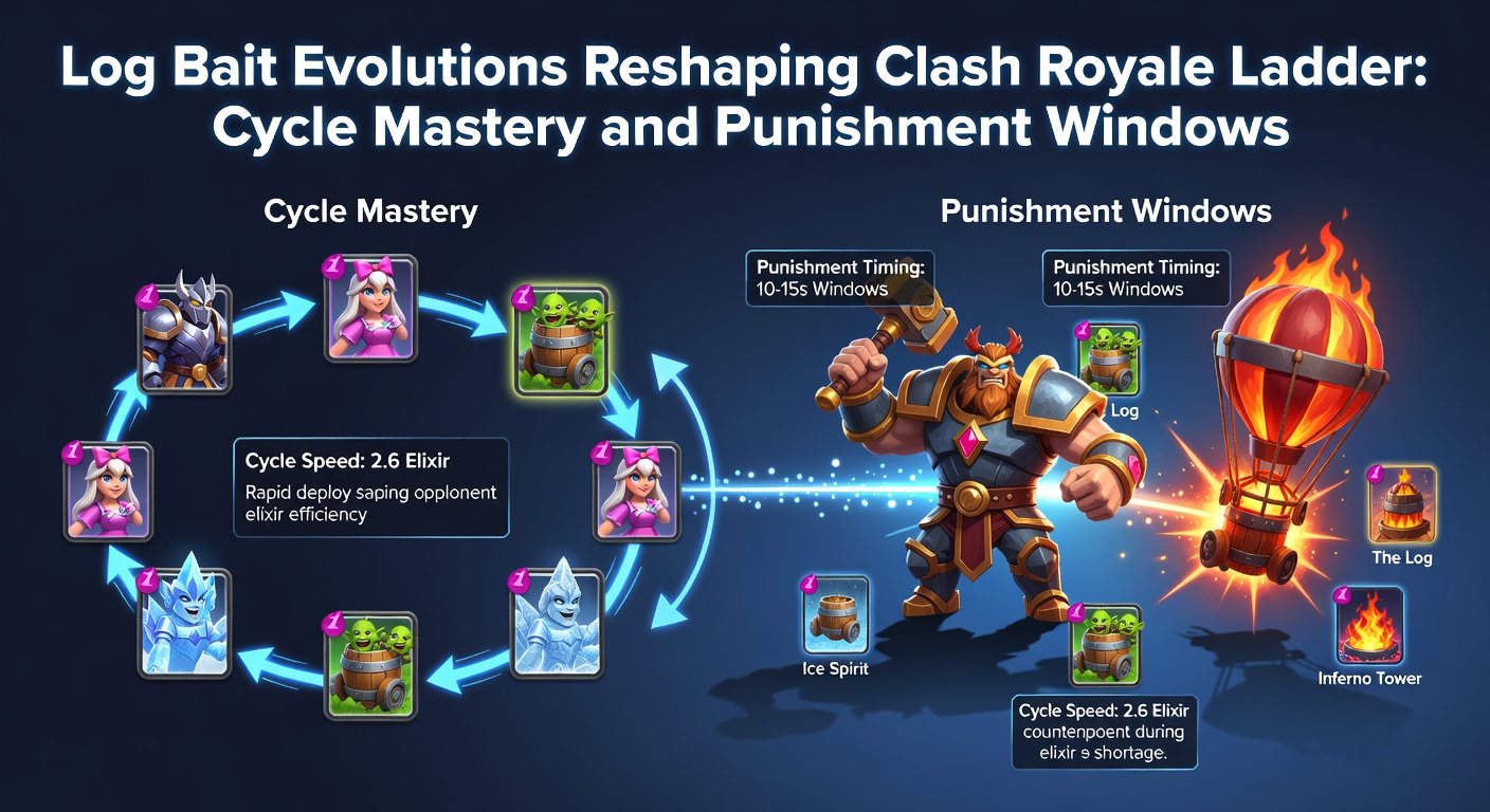 Evolved Log Bait deck dominating a Clash Royale ladder match, showcasing rapid cycling and swarm pressure