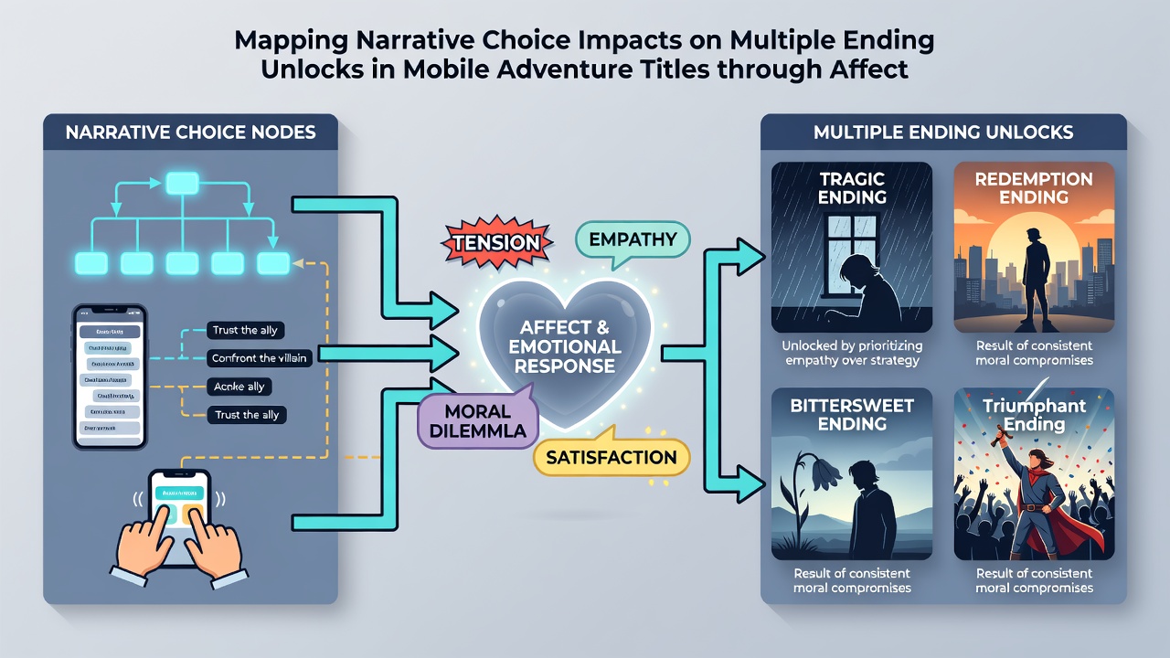 Dashboard visualization of affection metrics and probability branches for multiple narrative endings in a mobile adventure game