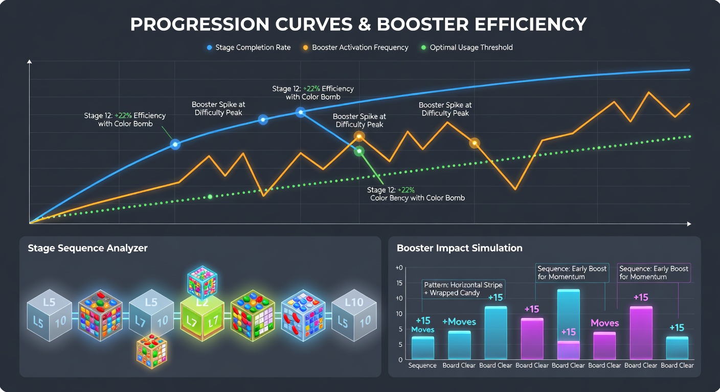 Detailed graph showing level difficulty progression and booster impact in match-3 mobile games