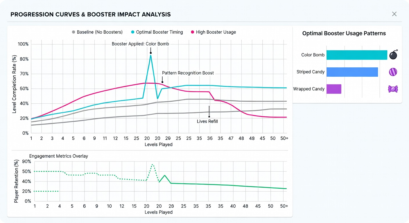 Screenshot examples of optimal booster placements during key stage sequences in match-3 puzzles