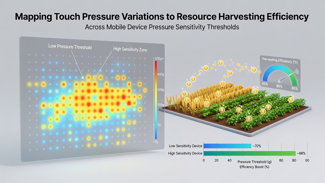 Mobile device screen displaying a farming simulator interface with touch pressure indicators overlaid on crop harvesting tools