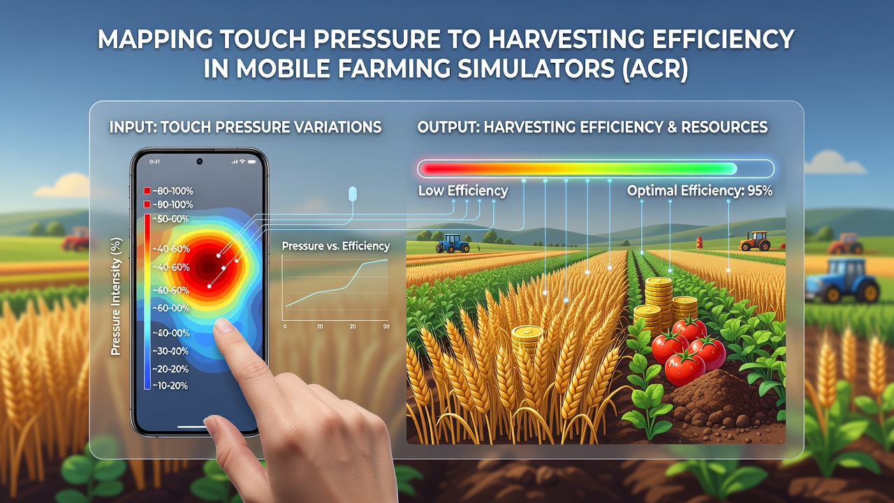 Graph overlay on a tablet showing pressure sensitivity curves mapped to in-game harvesting output rates in a farming simulation
