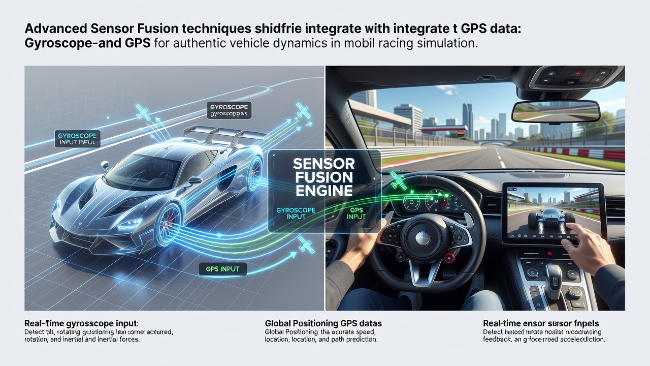 Diagram showing gyroscope and GPS sensor inputs merging through fusion algorithms to control virtual vehicle physics in a mobile racing game interface