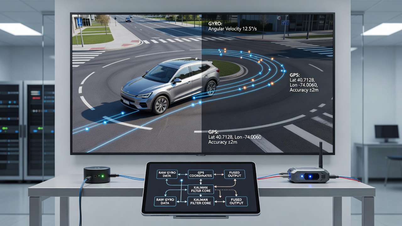 Mobile device screen displaying real-time vehicle telemetry with overlaid sensor fusion graphs during a high-speed turn in a racing simulation