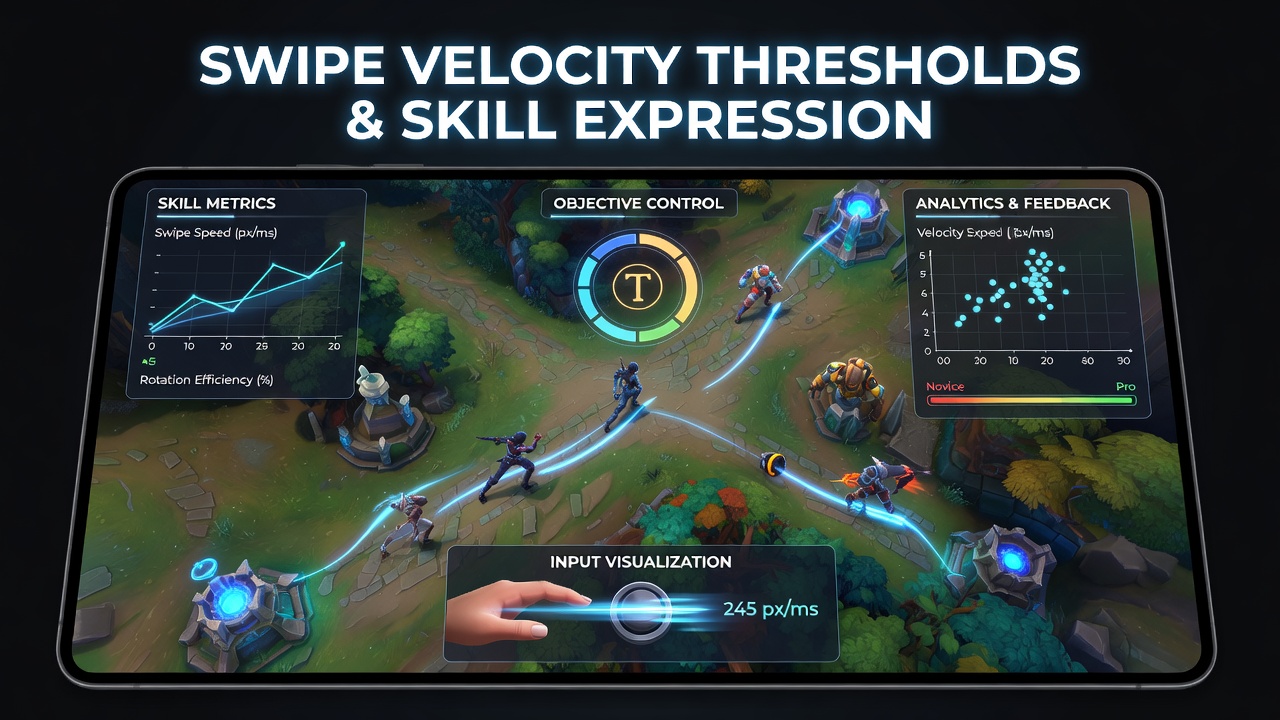 Close-up of mobile MOBA objective contest showing swipe input trails and timing indicators