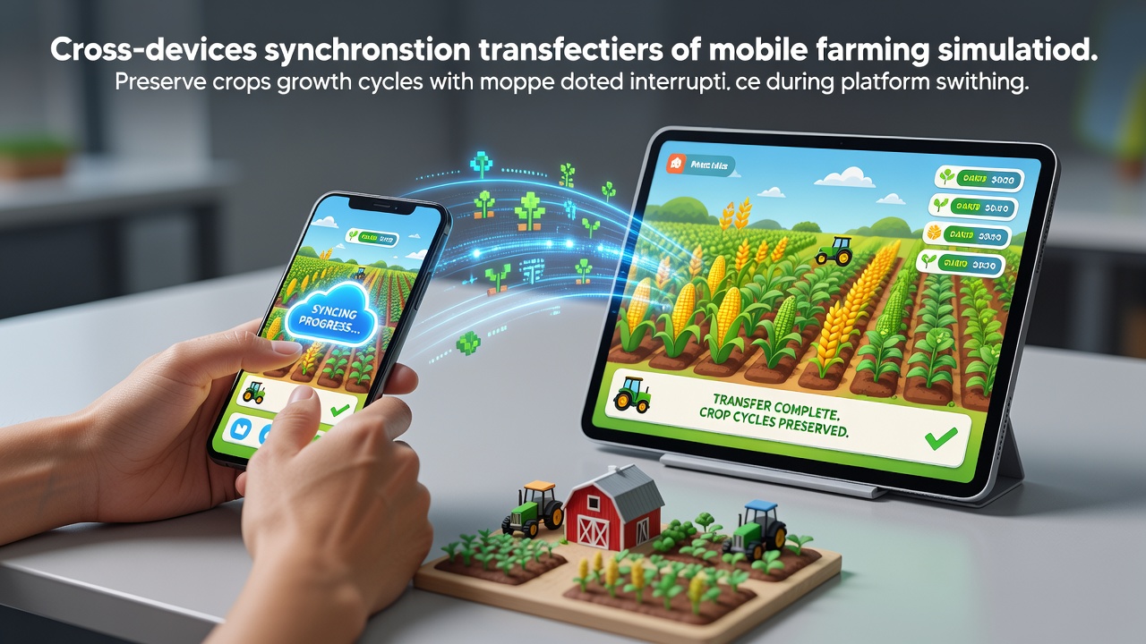 Illustration of cross-device synchronization in mobile farming simulations showing crop timers updating seamlessly across phones and tablets