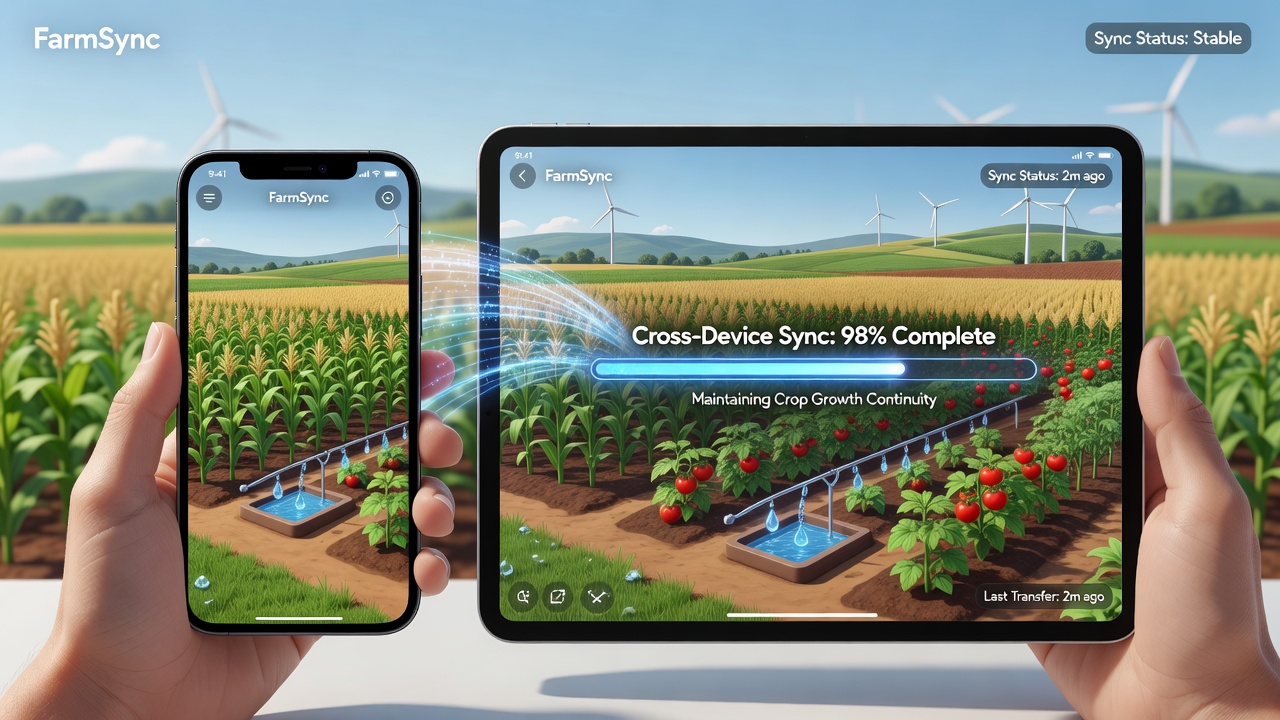 Diagram showing server-side crop timers advancing across multiple mobile devices during platform switches in farming simulations