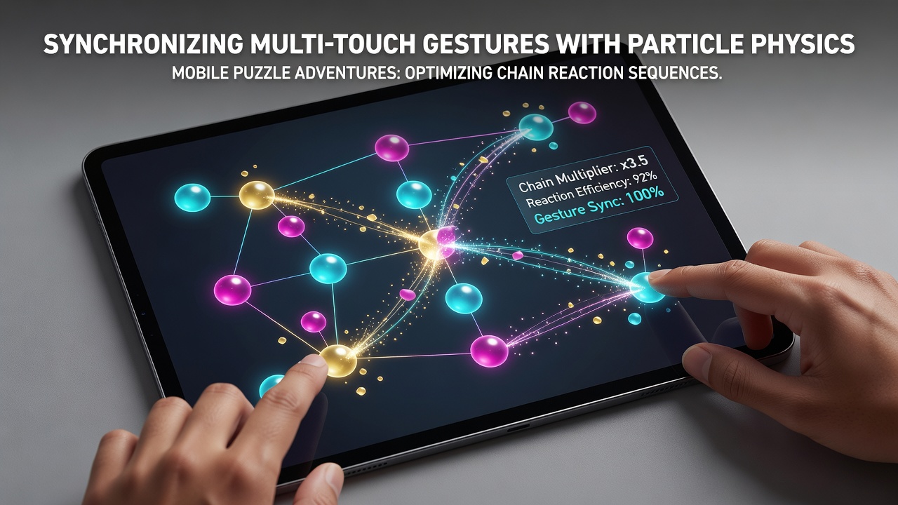 Mobile puzzle game screen showing multi-touch gestures triggering particle chain reactions in a physics-based adventure level