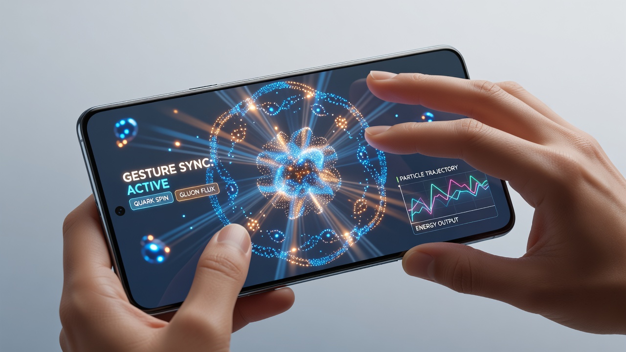 Close-up of particle physics simulation responding to synchronized multi-touch inputs during a chain reaction sequence in a mobile puzzle adventure