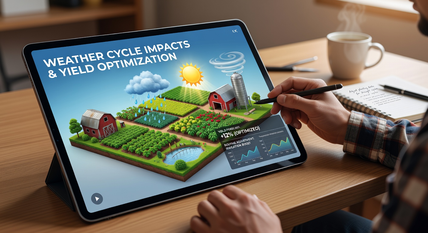 Agricultural simulation mobile game interface showing weather effects on crop fields with rain and sun indicators