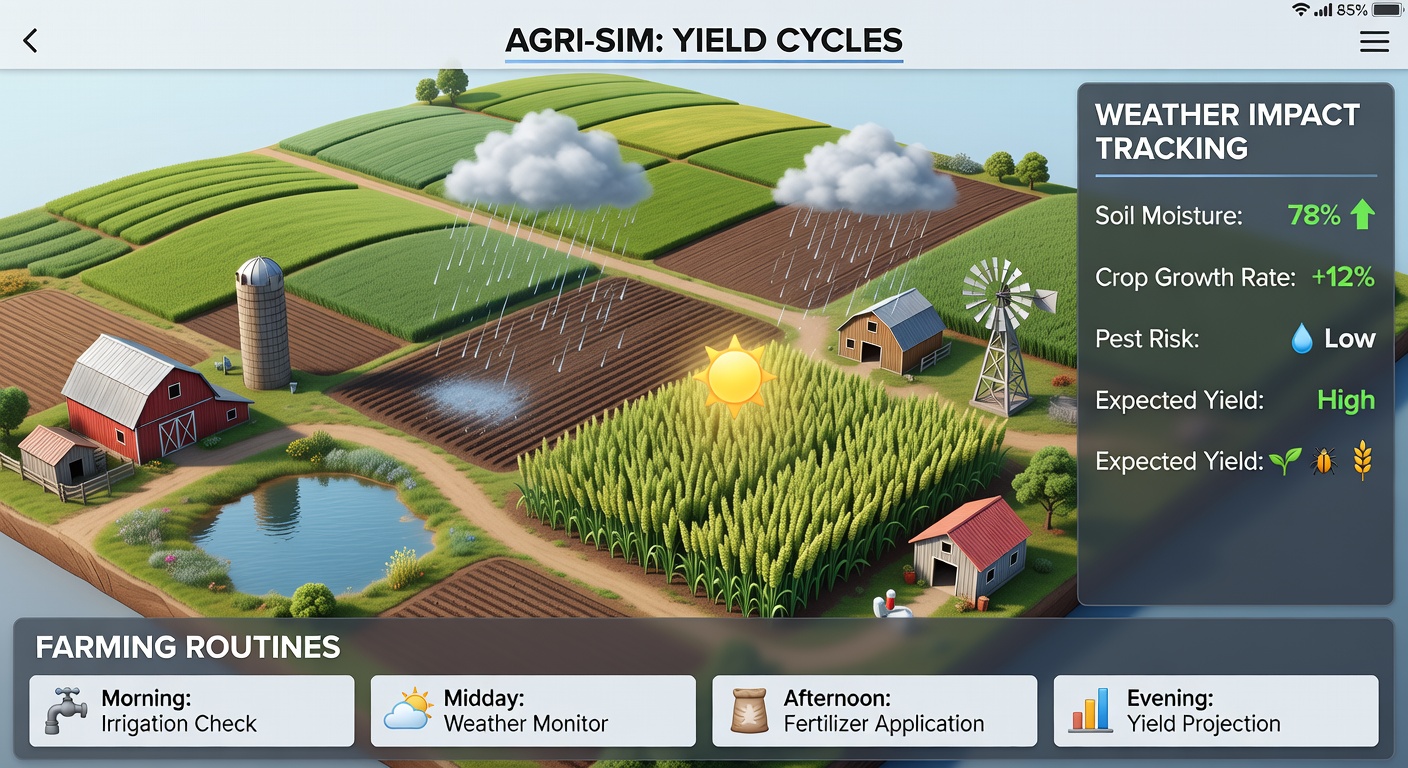 Mobile game screen displaying crop yield statistics alongside seasonal weather calendar and optimization tips
