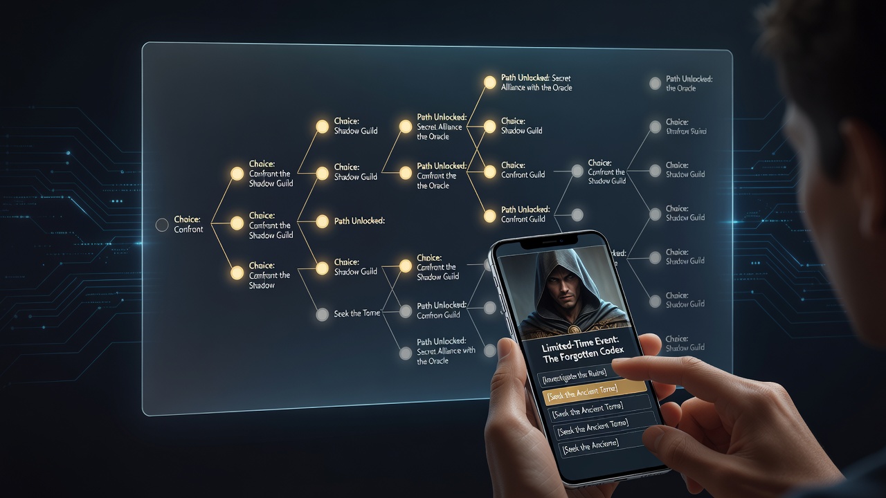Mobile RPG player navigating a branching dialogue tree during a limited-time narrative event on a smartphone screen