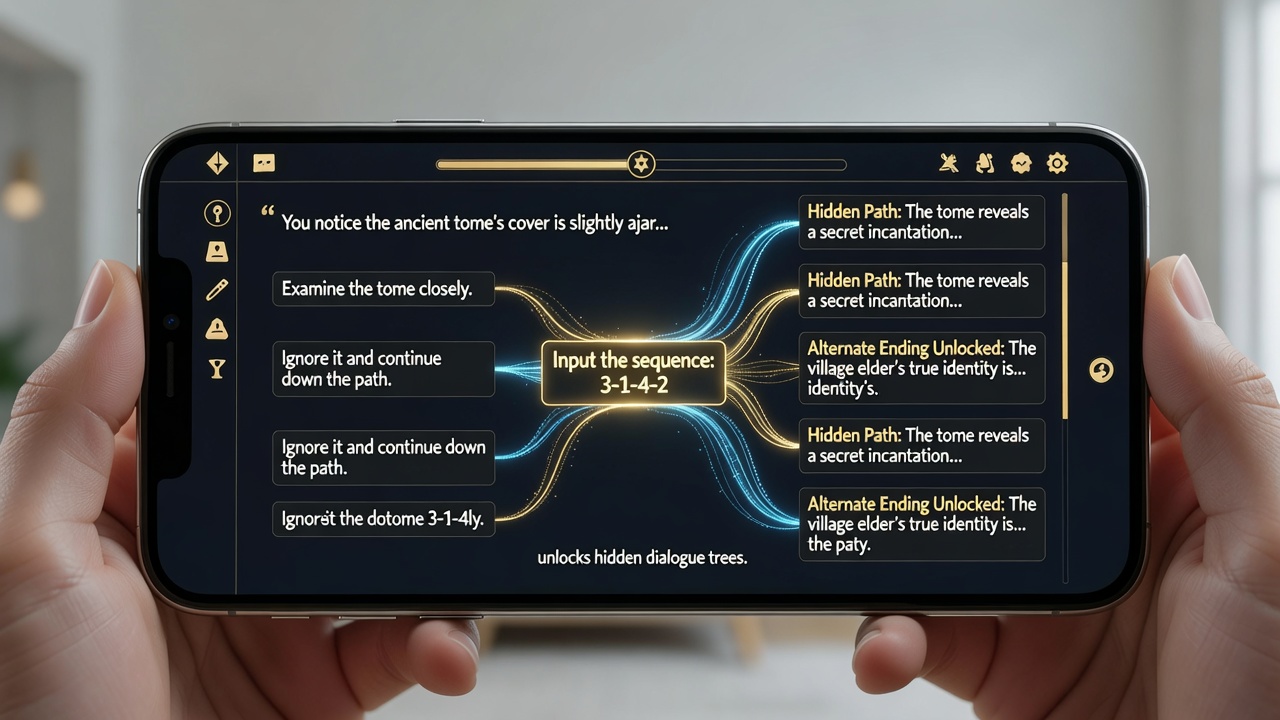 Close-up of dialogue selection screen showing multiple choice options in a mobile RPG narrative event